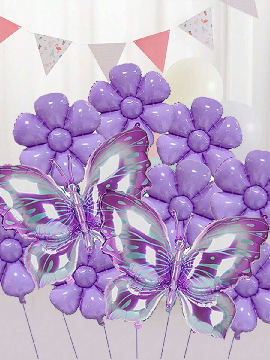 10 pezzi Palloncini a forma di farfalla per decorazioni, abbinati a palloncini a forma di fiori viola, decorazioni con palloncini a forma di farfalla viola, adatti per feste a tema giardino di farfalle, matrimoni, compleanni - Viola - Visualizzare 1