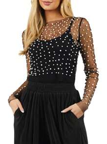 Women Long Sleeve Pearls T-Shirt,Crew Neck See-Through Pearls Slim Fit Ladies Blouses Mesh Tops For Club Party - Black - View 3
