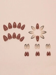 30 件短杏仁形红棕色豹纹和闪亮法式设计假指甲，包括 1 件凝胶和 1 件指甲锉，适合女士和女孩的美甲装饰 - 彩色 - 查看 2