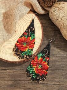 SOUL BEADING 一对女士时尚串珠耳环，复古波西米亚风格，多色迷人串珠，花卉图案，长流苏设计，手工编织串珠优雅饰品，百搭日常佩戴，适合作为礼物送给亲朋好友 - 手工串珠流蘇 - 查看 4