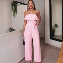 Women's Tailored Jumpsuit With Ruffles And Removable Belt, Strapless - Màu Hồng baby - Xem 1