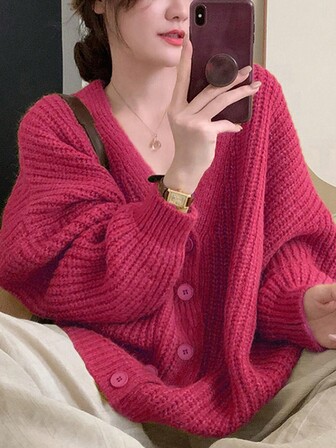 Alicedudu 简约宽松单排扣纯色长袖开衫毛衣外套，长袖上衣