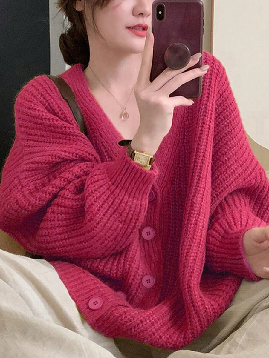 Alicedudu Simple Loose Single-Breasted Solid Color Long Sleeve Cardigan Sweater Jacket,Long Sleeve Tops - Hot Pink - View 1