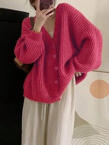 Alicedudu Simple Loose Single-Breasted Solid Color Long Sleeve Cardigan Sweater Jacket,Long Sleeve Tops - Hot Pink - View 3