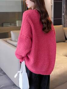 Alicedudu Simple Loose Single-Breasted Solid Color Long Sleeve Cardigan Sweater Jacket,Long Sleeve Tops - Hot Pink - View 2