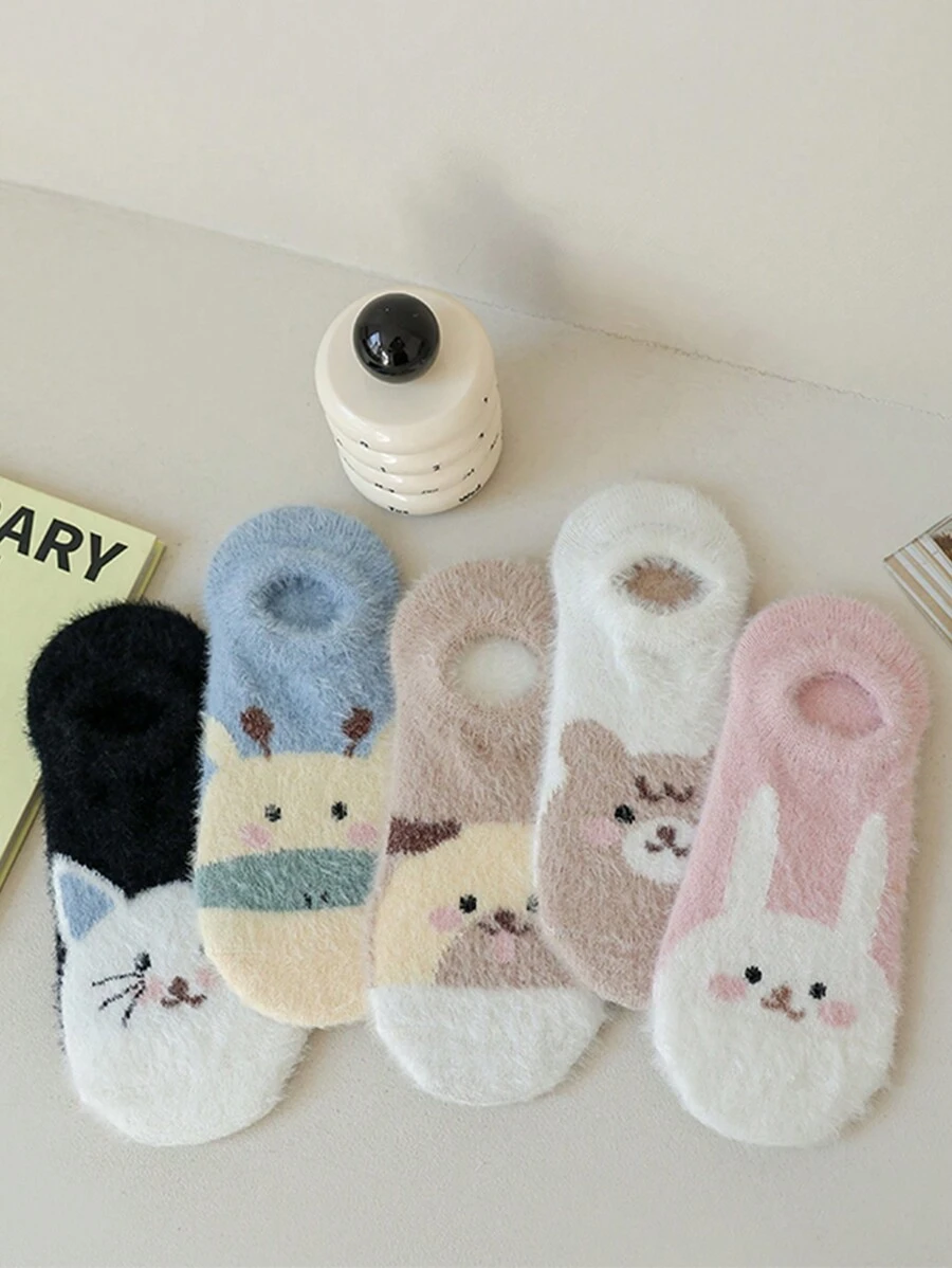 1/3/5 Pairs Random Shipment Autumn/Winter Plush Cartoon Animal Pattern Ankle Socks, No Show Socks, Comfortable Soft Warm Couple Socks
