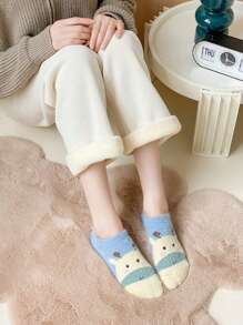 1/3/5 Pairs Random Shipment Autumn/Winter Plush Cartoon Animal Pattern Ankle Socks, No Show Socks, Comfortable Soft Warm Couple Socks