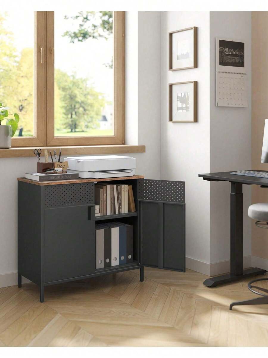 SONGMICS Storage Cabinet, Metal Cabinet With Double Doors, Magnetic Closure, Adjustable Shelf, Steel Frame, Rustic Brown And Black