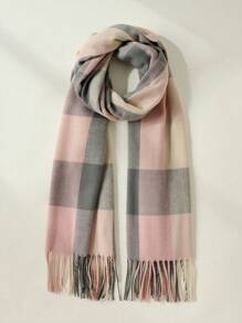 1 chiếc khăn choàng kẻ caro, dày và ấm, viền tua rua, thích hợp sử dụng hàng ngày vào mùa đông thu - Hồng - Xem 1