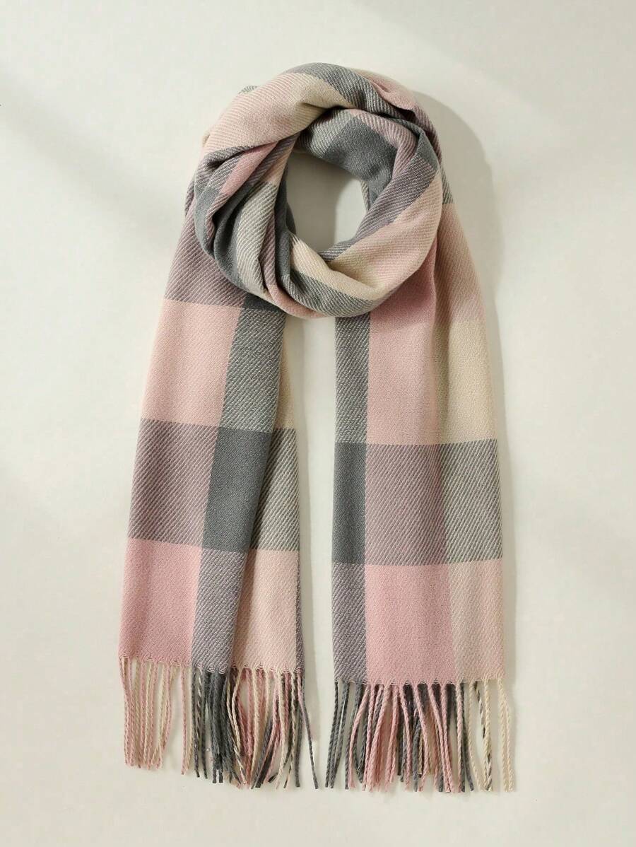 1 chiếc khăn choàng kẻ caro, dày và ấm, viền tua rua, thích hợp sử dụng hàng ngày vào mùa đông thu - Hồng - Xem 1