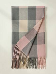 1 chiếc khăn choàng kẻ caro, dày và ấm, viền tua rua, thích hợp sử dụng hàng ngày vào mùa đông thu - Hồng - Xem 2