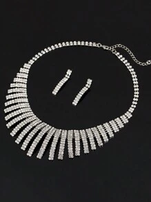 Conjunto De Joyas Elegante De 2piezas/Set: Collar Con Cadena De Garra De Rhinestone Minimalista, Pendientes Para Vestido De Noche, Joyería Nupcial Completamente Con Diamantes De Moda, Adecuado Para Uso Diario, Bodas, Fiestas, Etc. De Las Mujeres - Plateado - Ver 1