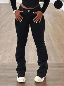 High Waisted Boyfriend Fits Well In Black Jeans For Women - Elastic, Flared Legs, Flap Pockets, Button Fly - Long, Solid Color, Women's Jeans Casual Wear - 黑色 - 查看 4