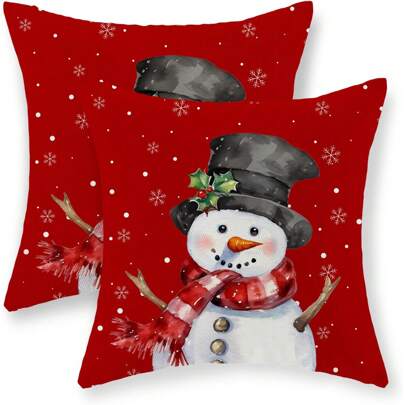 2pcs Pillowcase, Decoration, Linen Pillowcase, Snowman Snowflake Decoration, Red Throw Pillow, Winter Farmhouse, Holiday Decoration, Winter Sofa Cushion Cover, Universe, No Pillow Core