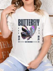 Oversized Style For Women, Iridescent Butterfly Graphic Tee Comfortable Cotton Unisex Stylish For Nature Lovers And Everyday Wear, Loose Type T-Shirt For Women - 白色 - 查看 1
