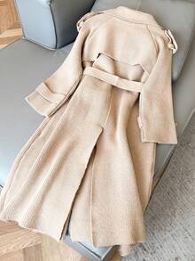 女士翻领双排扣双口袋开衫 - 棕色 - 查看 3