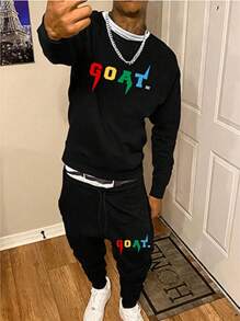 DIFFLAND 春季男士休闲日常柔软舒适百搭套装，撞色字母印花图案，黑色圆领套头长袖卫衣搭配窄腿运动裤卫衣套装 - 黑色 - 查看 2