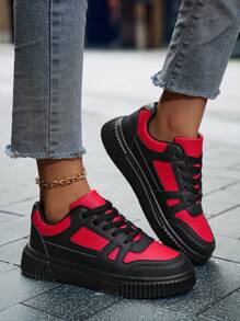 女士基本款时尚拼布防滑耐用系带平底休闲鞋 - 黑玫紅 - 查看 3