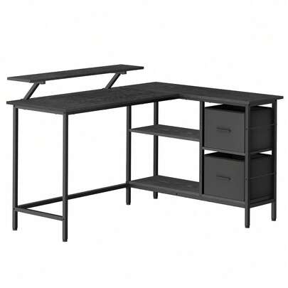 VASAGLE L-Shaped Desk With 2 Spacious Drawers, Gaming Desk With Monitor Stand, Corner Desk, Computer Desk With Adjustable Storage Shelf, For Home Office,  Ebony Black