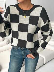 Áo len chui đầu đơn giản cổ tròn tay dài kẻ caro, mặc thường ngày - màu đen - Xem 5