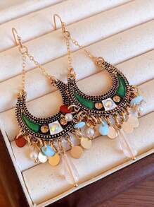 Pendientes colgantes con borla de resina, media luna y gota de agua con rhinestone - Exquisitos pendientes únicos y retro personalizados
