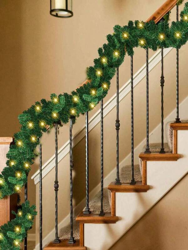 1pc Green Pine Needle Wreath, Artificial Vine, Fake Pine Branches, Suitable For Christmas Tree Decor, Stair Railing Decor, Fireplace Decor, Holiday Party Decorations