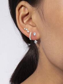 TUANZISP 3 Pairs Delicate & Fashionable Multi-Way Copper Earring Set Gold Color, Stud Hoop Drop Earrings Jewelry Gift For Women - Silver - View 2