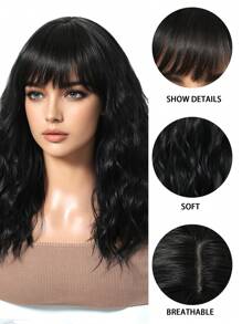 14英寸短款波浪刘海假发，可爱短发造型，自然逼真，耐热合成假发，适合日常佩戴和派对场合