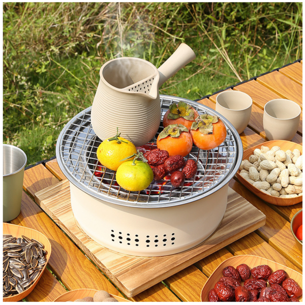 1 Stück Teekocher Outdoor Heim Tee-Zubereitung Set Geschenk, Edelstahl Holzkohle tragbarer Grill, 10,5 Zoll (ca. 26,9 cm) antihaftbeschichtet, rund, Grill oder Topf, Wasser kochen, Holzkohleofen geeignet für Familientreffen Outdoor Camping