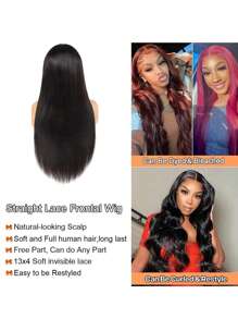 直发蕾丝前部假发 13x4 180% 密度透明蕾丝前部真人发假发 适合女性 已拔取婴儿头发 - 黑色 - 查看 6