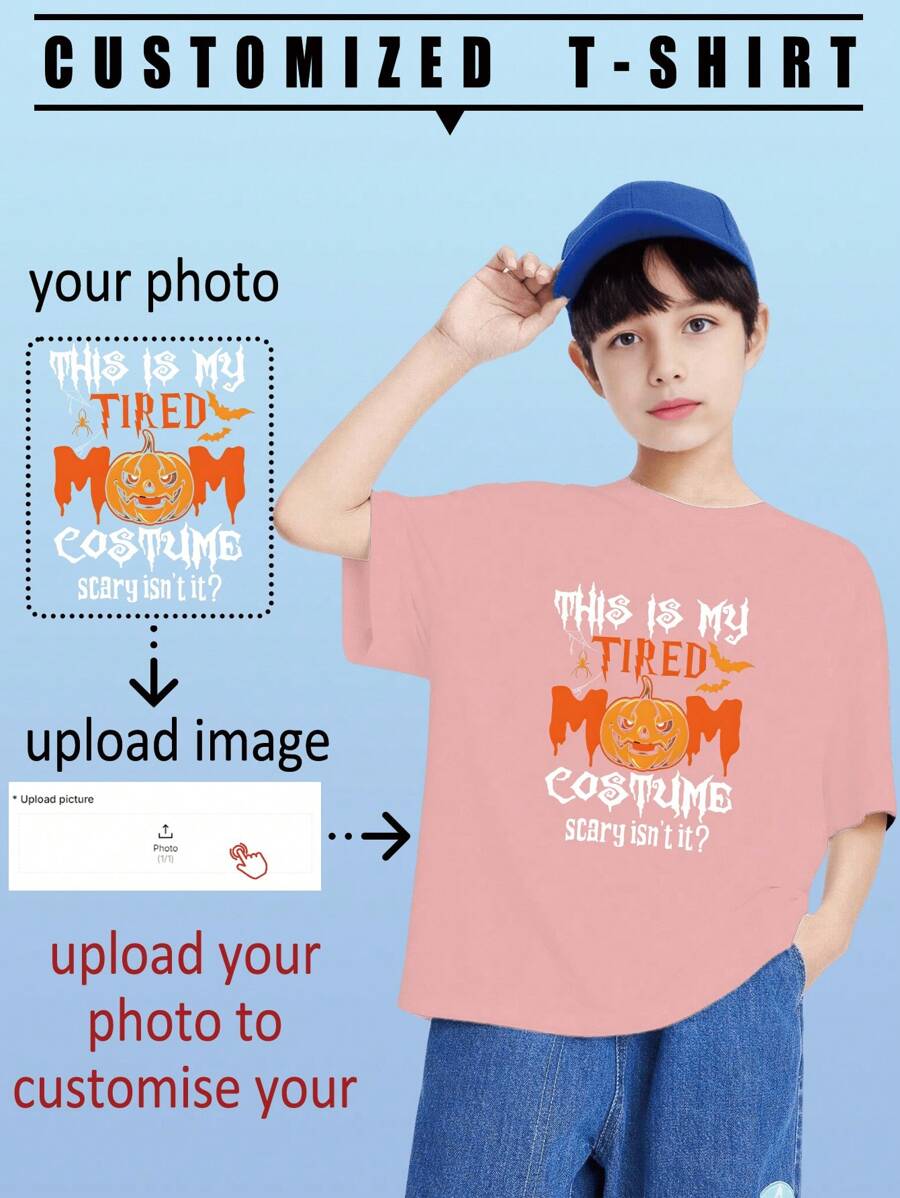 青少年男孩定制万圣节主题T恤，休闲户外运动舒适T恤，适合春夏穿着，可定制您喜欢的照片、偶像/卡通人物/朋友/家人肖像，设计个性化印花T恤，节日礼物、送给好朋友的礼物、返校礼物、万圣节礼物、儿童上衣 - 粉色 - 查看 1