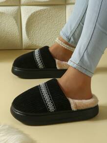 New Men's Embroidered Warm Comfortable Anti-Slip Indoor Slippers, Suitable For Autumn/Winter - Black - View 3