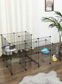 SONGMICS Pet Fence, 2 Levels, Modular Pet Enclosure For Small Animals, Rabbits, Guinea Pig, Mesh Panels, Indoor Use, 143 X 73 X 71 Cm, Black - Black - View 1
