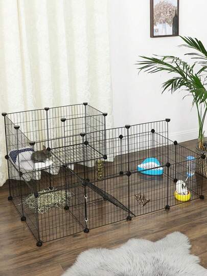 SONGMICS Pet Fence, 2 Levels, Modular Pet Enclosure For Small Animals, Rabbits, Guinea Pig, Mesh Panels, Indoor Use, 143 X 73 X 71 Cm, Black