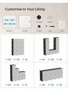 SONGMICS 12-Cube Storage Unit, Shoe Rack, Stackable Cubes, Plastic Closet Cabinet, Wardrobe, With Doors, For Bedroom, Office, Easy To Assemble, Black And White - Black and White - View 5