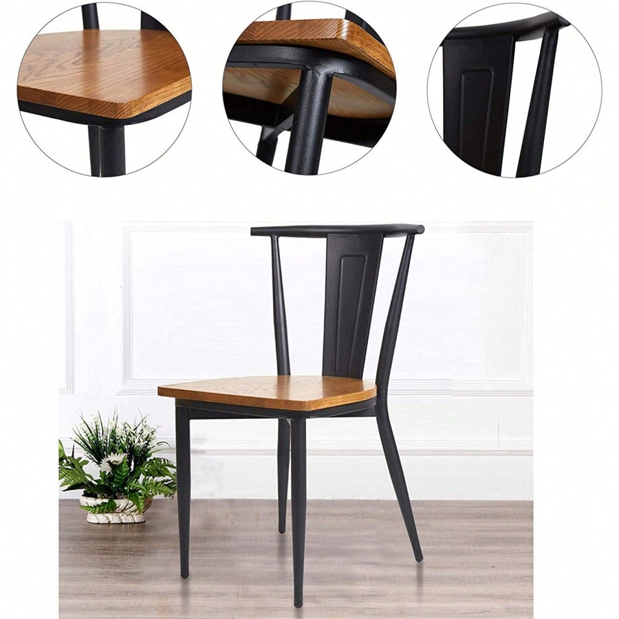 Stylish Set Of 2 Metal Chairs With Solid Wood Seat For Dining Rooms And