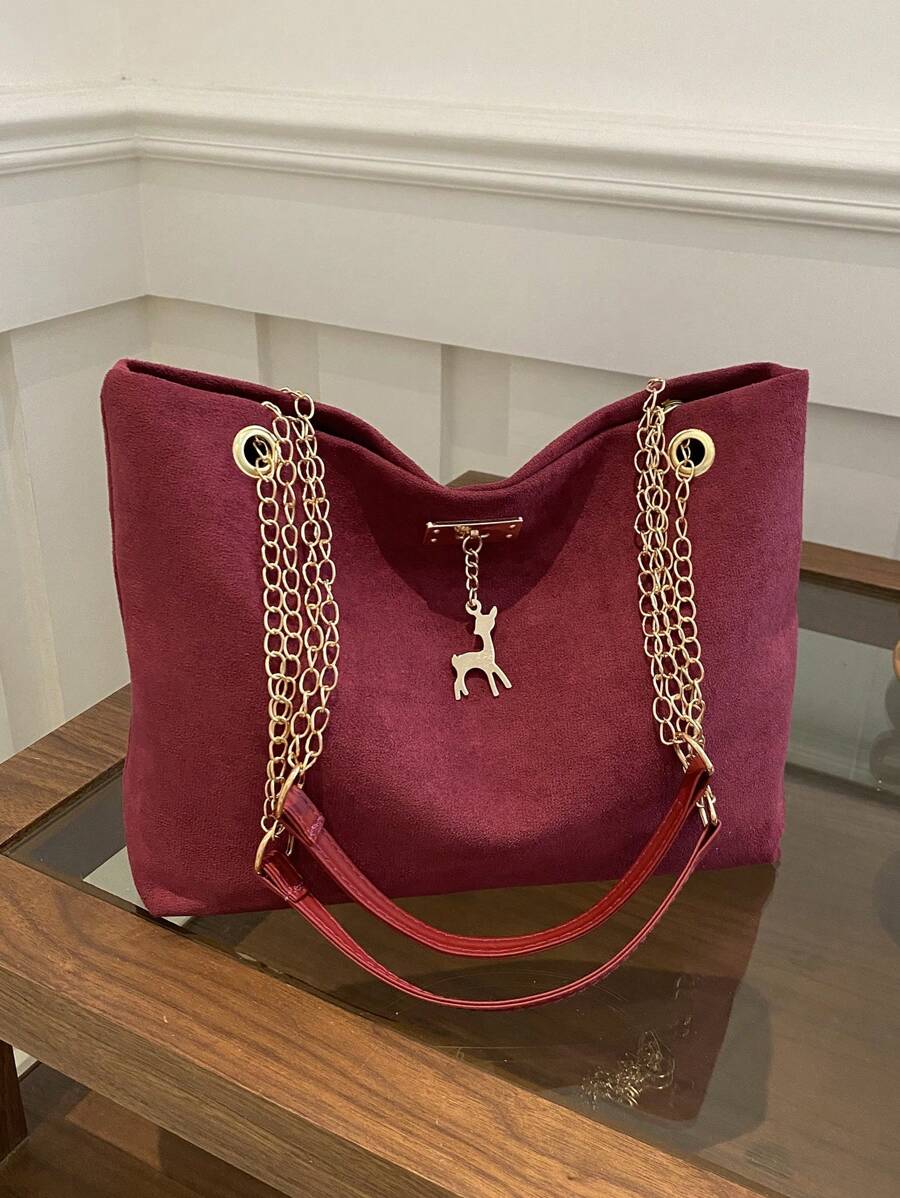 优雅的咖啡棕色绒面革手提包，适合女性 - 宽敞时尚的手提包，鹿装饰，非常适合工作和购物