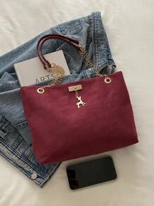 优雅的咖啡棕色绒面革手提包，适合女性 - 宽敞时尚的手提包，鹿装饰，非常适合工作和购物 - 酒紅色 - 查看 5