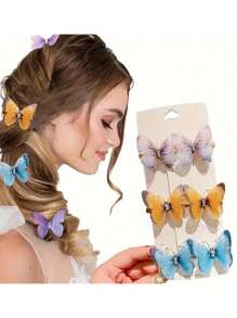 6 件装仙女风格彩色蝴蝶发夹，适合森系女孩氛围发饰 - 多色 - 查看 1