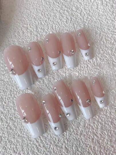 10片手工美甲贴纸，芭蕾法式简约高端水钻设计，白色纹理按压式美甲贴片，奢华别致美甲，独特优雅的高级美甲设计，适合所有季节，全覆盖式假指甲，附赠甲油胶和指甲锉。为您的假日造型增添魅力。日常美甲护理，适合女性和女孩，可卸除，可重复使用。美甲用品