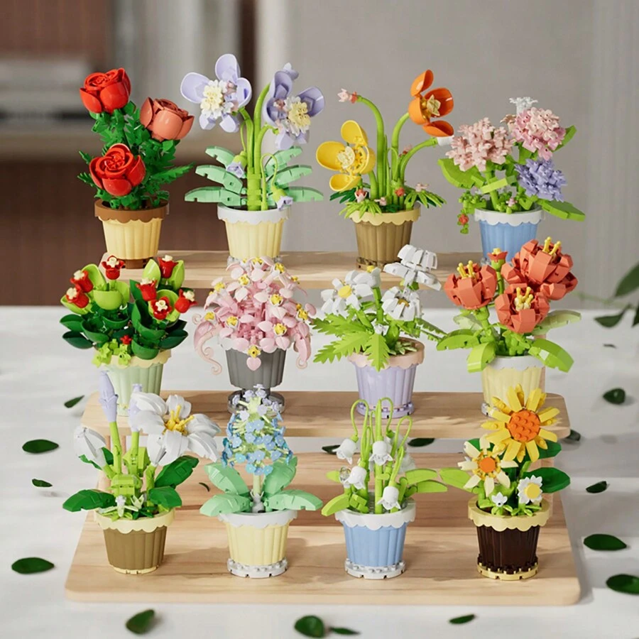 1 pieza Maceta miniatura de plástico con bloques de construcción intercambiables de flores, juguete creativo de flores eternas de bloques de construcción DIY, decoración de escritorio mini, incluye 12 estilos como girasol y rosa, adecuado para decorar el hogar, fiestas, oficina y otros lugares. Excelente regalo de Navidad/Halloween/Año Nuevo/Día de San Valentín/Cumpleaños para amigos y niños