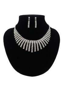 Conjunto De Joyas Elegante De 2piezas/Set: Collar Con Cadena De Garra De Rhinestone Minimalista, Pendientes Para Vestido De Noche, Joyería Nupcial Completamente Con Diamantes De Moda, Adecuado Para Uso Diario, Bodas, Fiestas, Etc. De Las Mujeres - Plateado - Ver 8