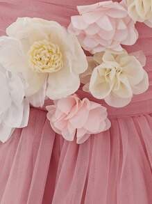 Baby Girls' Broad Strap 3D Floral Mesh Flower Girl Wedding Party Dress Princess Birthday Formal Outfit, Suitable For Dinner, Excluding Hair Accessories