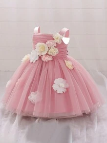 Baby Girls' Broad Strap 3D Floral Mesh Flower Girl Wedding Party Dress Princess Birthday Formal Outfit, Suitable For Dinner, Excluding Hair Accessories