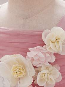 Baby Girls' Broad Strap 3D Floral Mesh Flower Girl Wedding Party Dress Princess Birthday Formal Outfit, Suitable For Dinner, Excluding Hair Accessories