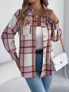 Chaqueta informal de manga larga de color rosa con cuello alto, un bolsillo y botones sencillos, de estilo casual de bloque de color y cuadros, para mujeres en temporada navideña e invernal - Rosa - Ver 5