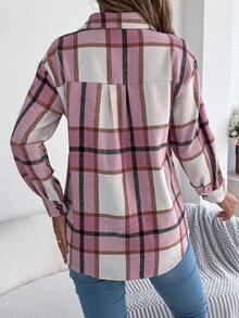 Chaqueta informal de manga larga de color rosa con cuello alto, un bolsillo y botones sencillos, de estilo casual de bloque de color y cuadros, para mujeres en temporada navideña e invernal - Rosa - Ver 2