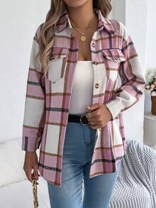 Chaqueta informal de manga larga de color rosa con cuello alto, un bolsillo y botones sencillos, de estilo casual de bloque de color y cuadros, para mujeres en temporada navideña e invernal - Rosa - Ver 4