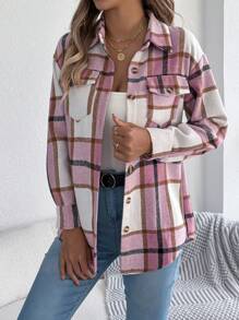 Chaqueta informal de manga larga de color rosa con cuello alto, un bolsillo y botones sencillos, de estilo casual de bloque de color y cuadros, para mujeres en temporada navideña e invernal - Rosa - Ver 1