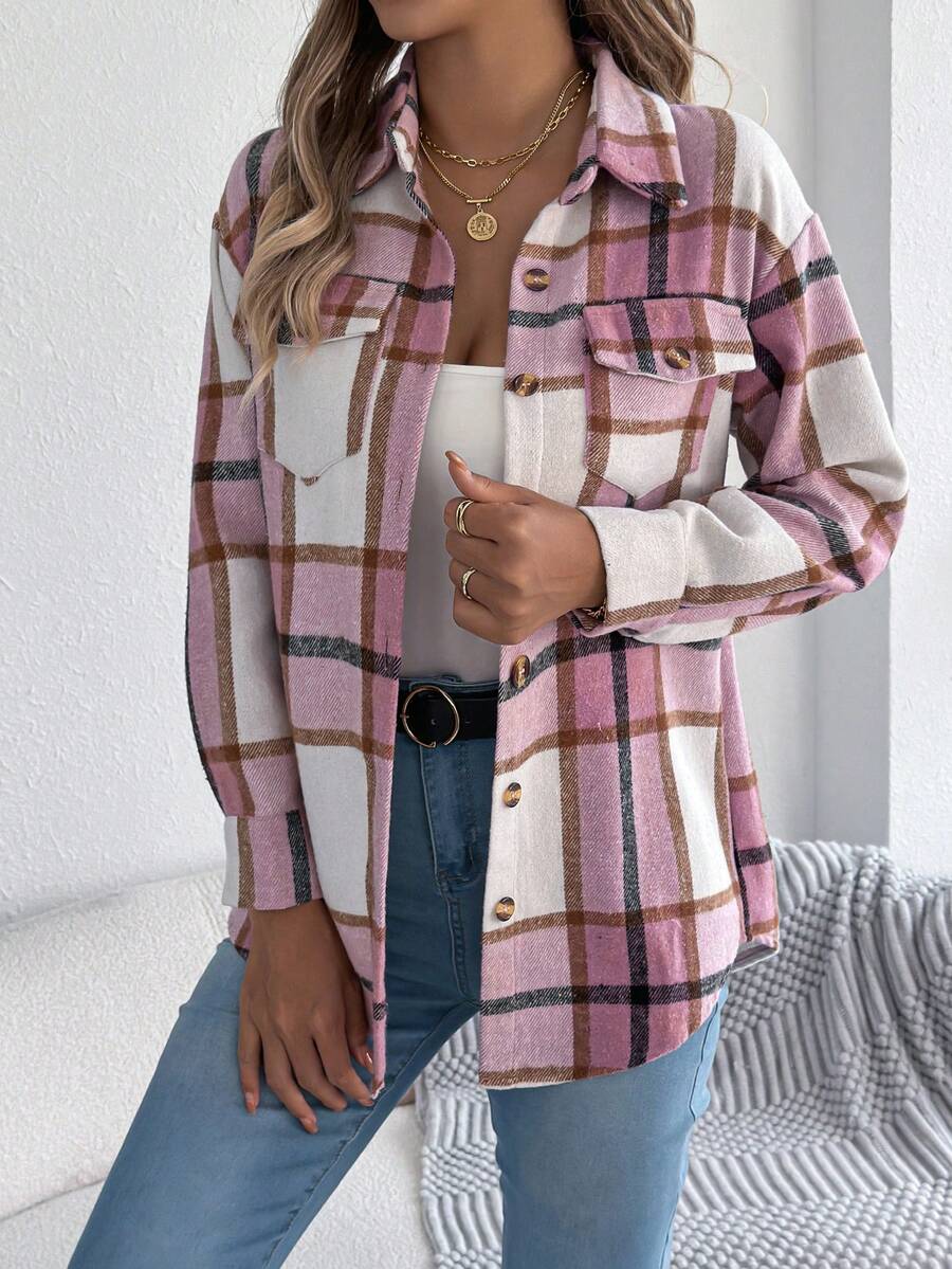 Chaqueta informal de manga larga de color rosa con cuello alto, un bolsillo y botones sencillos, de estilo casual de bloque de color y cuadros, para mujeres en temporada navideña e invernal - Rosa - Ver 1